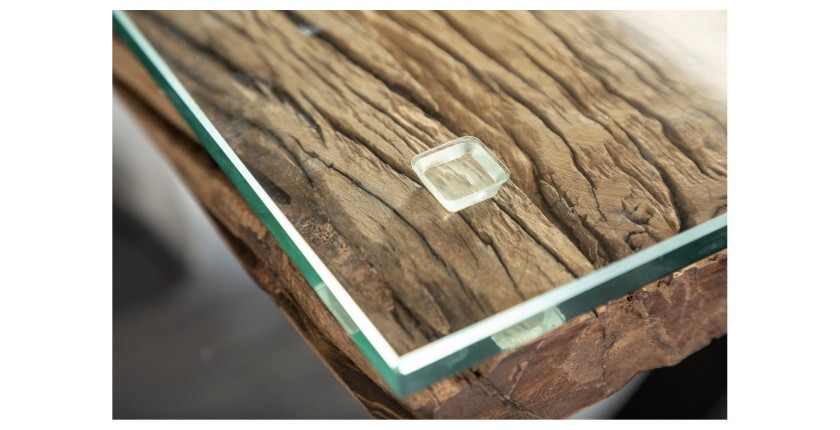 Zoom sur le plateau de la table RAFTA en bois massif et verre trempé 220cm