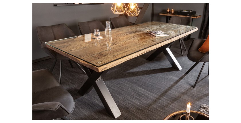 Table RAFTA 220cm en bois massif et verre trempé vu sous un autre angle