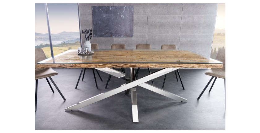 Table RAFTA 220cm en bois massif et verre trempé vu de face