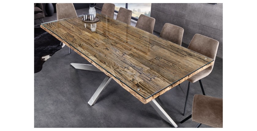 Table RAFTA 220cm en bois massif et verre trempé décor 3D