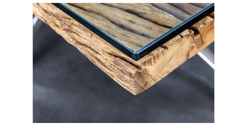 Zoom sur le coin de la table RAFTA 220cm en bois massif et verre trempé