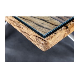 Zoom sur le coin de la table RAFTA 220cm en bois massif et verre trempé