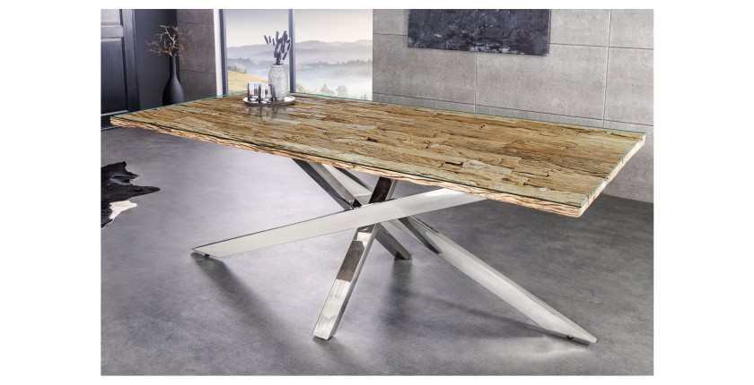 Table RAFTA 220cm en bois massif et verre trempé vu de côté