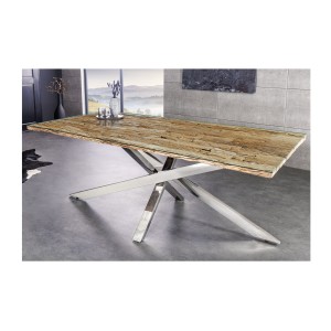 Table RAFTA 220cm en bois massif et verre trempé vu de côté