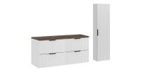 Ensemble de salle de bain NOXERA 120 cm – Meuble sous vasque suspendu blanc alpin effet bois épicéa avec plan vasque, colonne et