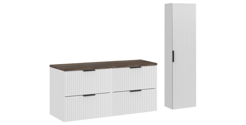 Salle de bain NOXERA 120 cm – Meuble sous vasque suspendu blanc alpin effet bois épicéa avec plan pour vasque, colonne