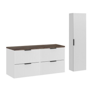 Salle de bain NOXERA 120 cm – Meuble sous vasque suspendu blanc alpin effet bois épicéa avec plan pour vasque, colonne