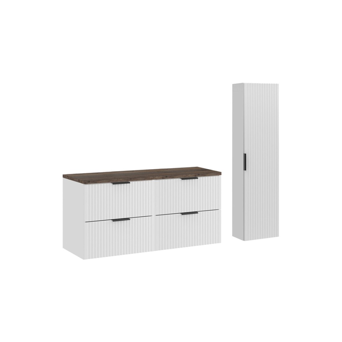 Ensemble de salle de bain NOXERA 120 cm – Meuble sous vasque suspendu blanc alpin effet bois épicéa avec plan vasque, colonne et