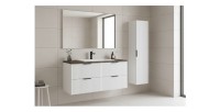 Ensemble de salle de bain NOXERA 120 cm – Meuble sous vasque suspendu blanc alpin effet bois épicéa avec plan vasque, colonne et