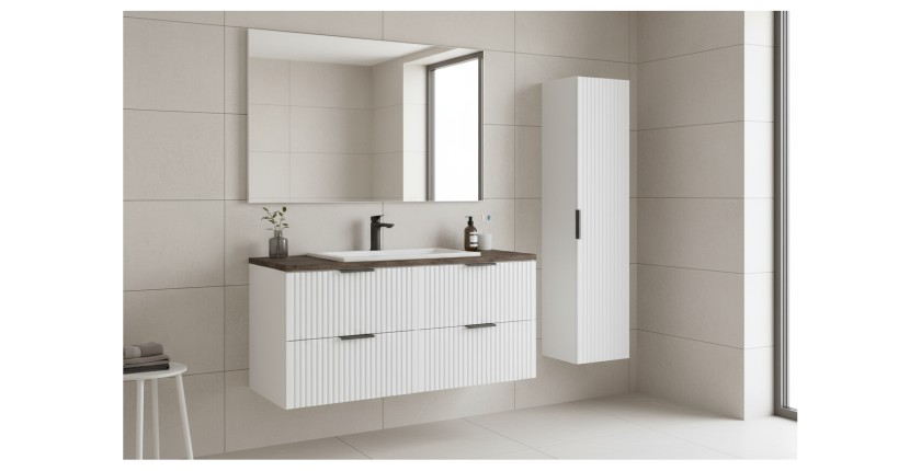 Salle de bain NOXERA 120 cm – Meuble sous vasque suspendu blanc alpin effet bois épicéa avec plan pour vasque, colonne