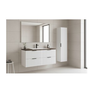 Ensemble de salle de bain NOXERA 120 cm – Meuble sous vasque suspendu blanc alpin effet bois épicéa avec plan vasque, colonne et
