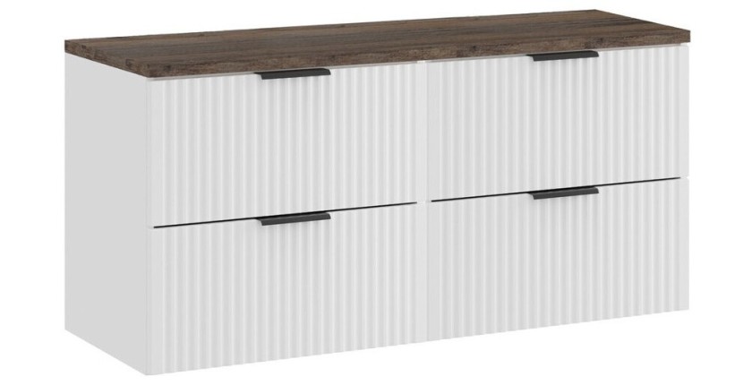 Ensemble de salle de bain NOXERA 120 cm – Meuble sous vasque suspendu blanc alpin avec plan vasque effet bois épicéa