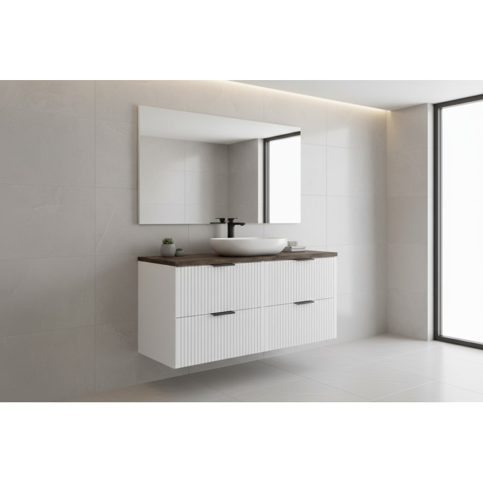 Ensemble de salle de bain NOXERA 120 cm – Meuble sous vasque suspendu blanc alpin avec plan pour vasque effet bois épicéa
