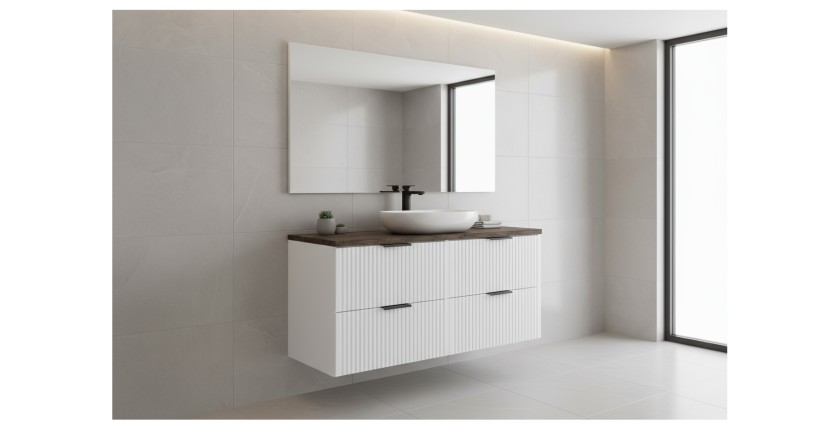 Ensemble de salle de bain NOXERA 120 cm – Meuble sous vasque suspendu blanc alpin avec plan vasque effet bois épicéa