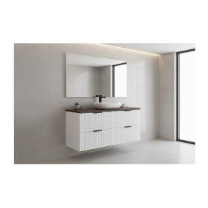 Ensemble de salle de bain NOXERA 120 cm – Meuble sous vasque suspendu blanc alpin avec plan vasque effet bois épicéa