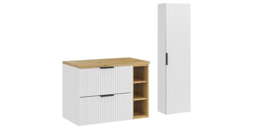 Ensemble de salle de bain NOXERA 80 cm – Meuble sous vasque suspendu blanc alpin avec plan vasque chêne clair, niches ouvertes e