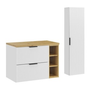 Ensemble de salle de bain NOXERA 80 cm – Meuble sous vasque suspendu blanc alpin avec plan vasque chêne clair, niches ouvertes e