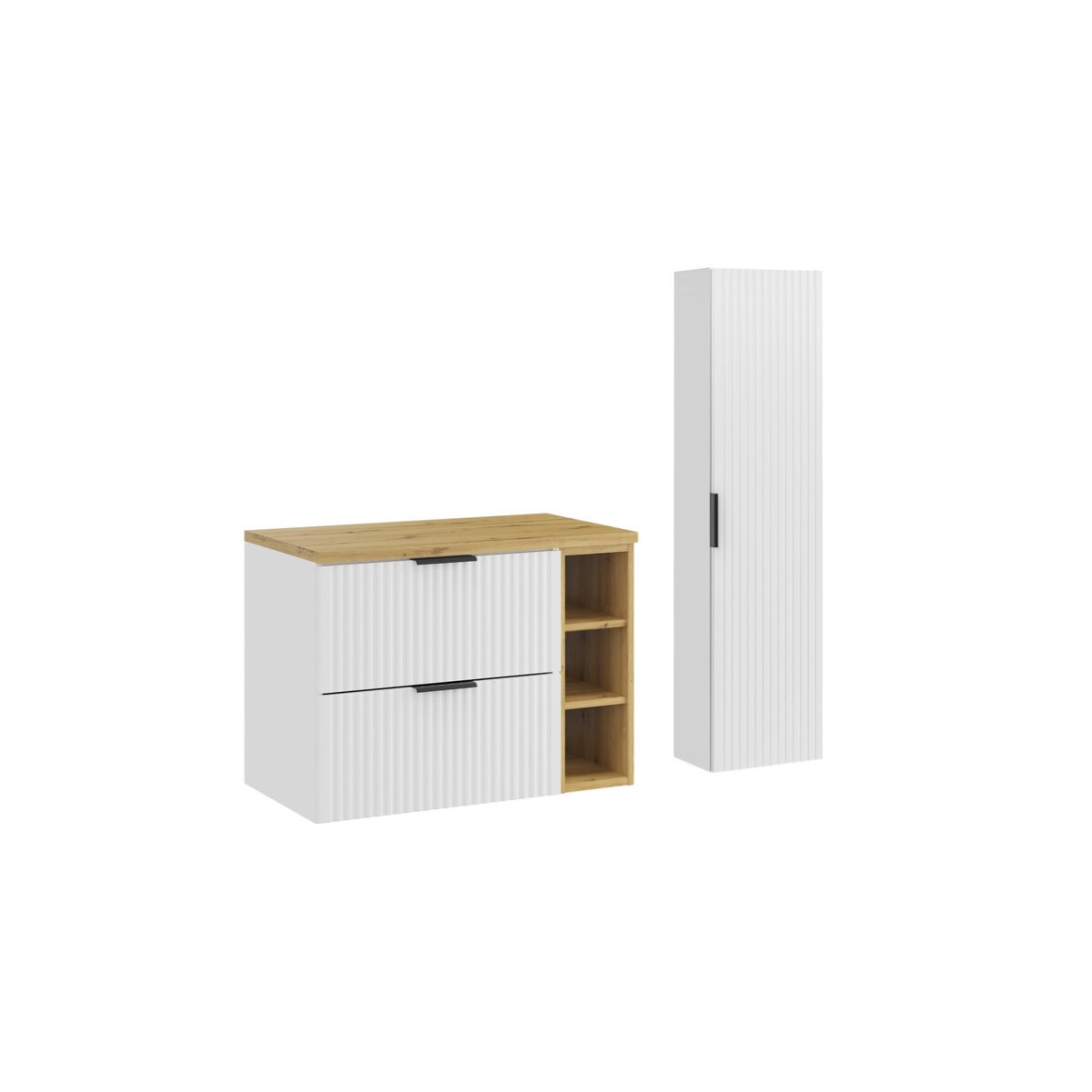 Ensemble de salle de bain NOXERA 80 cm – Meuble sous vasque suspendu blanc alpin avec plan vasque chêne clair, niches ouvertes e