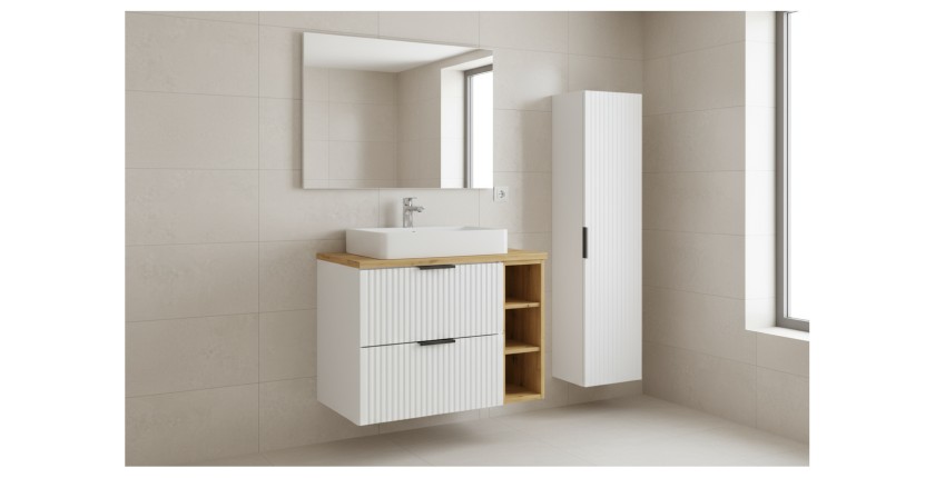 Ensemble de salle de bain NOXERA 80 cm – Meuble sous vasque suspendu blanc alpin avec plan vasque chêne clair, niches ouvertes e