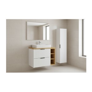 Ensemble de salle de bain NOXERA 80 cm – Meuble sous vasque suspendu blanc alpin avec plan vasque chêne clair, niches ouvertes e