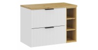 Ensemble de salle de bain NOXERA 80 cm – Meuble sous vasque suspendu blanc alpin avec plan vasque chêne clair et niches ouvertes