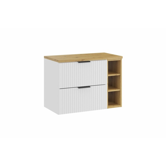 Ensemble de salle de bain NOXERA 80 cm – Meuble sous vasque suspendu blanc alpin avec plan pour vasque chêne et niches ouvertes
