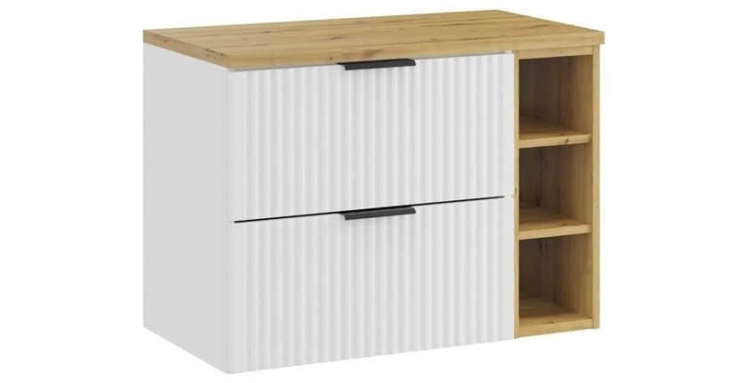 Ensemble de salle de bain NOXERA 80 cm – Meuble sous vasque suspendu blanc alpin avec plan vasque chêne clair et niches ouvertes