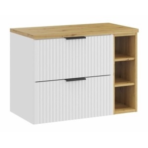 Ensemble de salle de bain NOXERA 80 cm – Meuble sous vasque suspendu blanc alpin avec plan vasque chêne clair et niches ouvertes