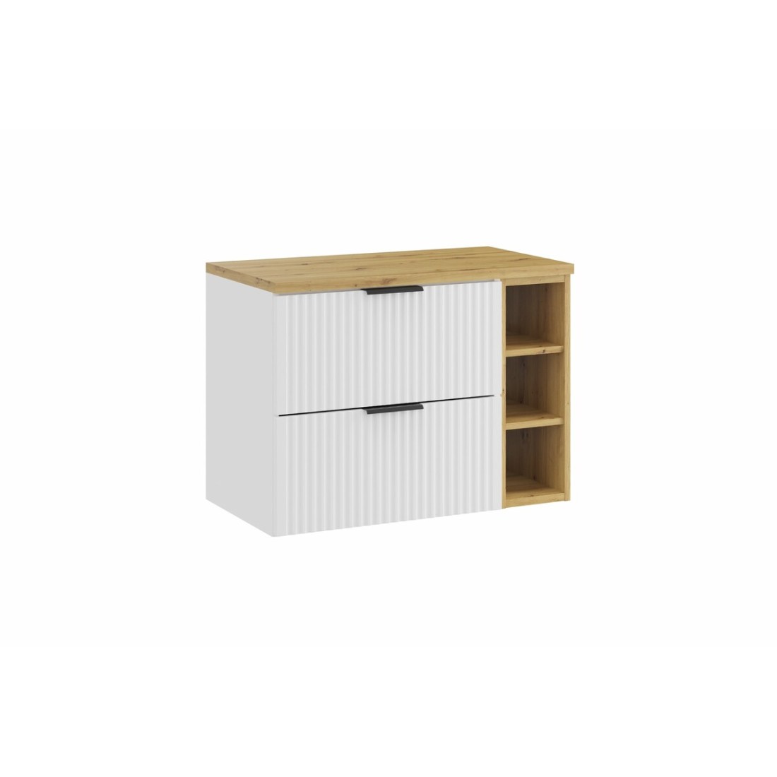 Ensemble de salle de bain NOXERA 80 cm – Meuble sous vasque suspendu blanc alpin avec plan vasque chêne clair et niches ouvertes