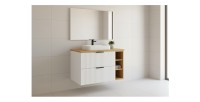 Ensemble de salle de bain NOXERA 80 cm – Meuble sous vasque suspendu blanc alpin avec plan vasque chêne clair et niches ouvertes
