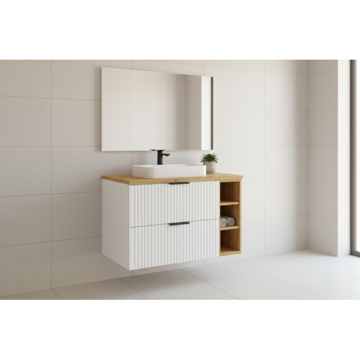 Ensemble de salle de bain NOXERA 80 cm – Meuble sous vasque suspendu blanc alpin avec plan pour vasque chêne et niches ouvertes
