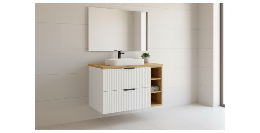 Ensemble de salle de bain NOXERA 80 cm – Meuble sous vasque suspendu blanc alpin avec plan vasque chêne clair et niches ouvertes