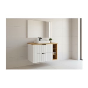 Ensemble de salle de bain NOXERA 80 cm – Meuble sous vasque suspendu blanc alpin avec plan vasque chêne clair et niches ouvertes