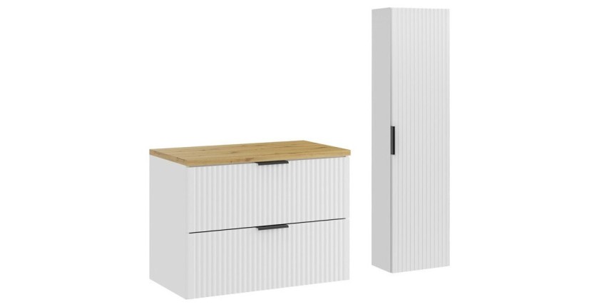 Ensemble de salle de bain NOXERA 80 cm – Meuble sous vasque suspendu blanc alpin avec plan vasque chêne clair et colonne murale