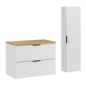 Ensemble de salle de bain NOXERA 80 cm – Meuble sous vasque suspendu blanc alpin avec plan vasque chêne clair et colonne murale