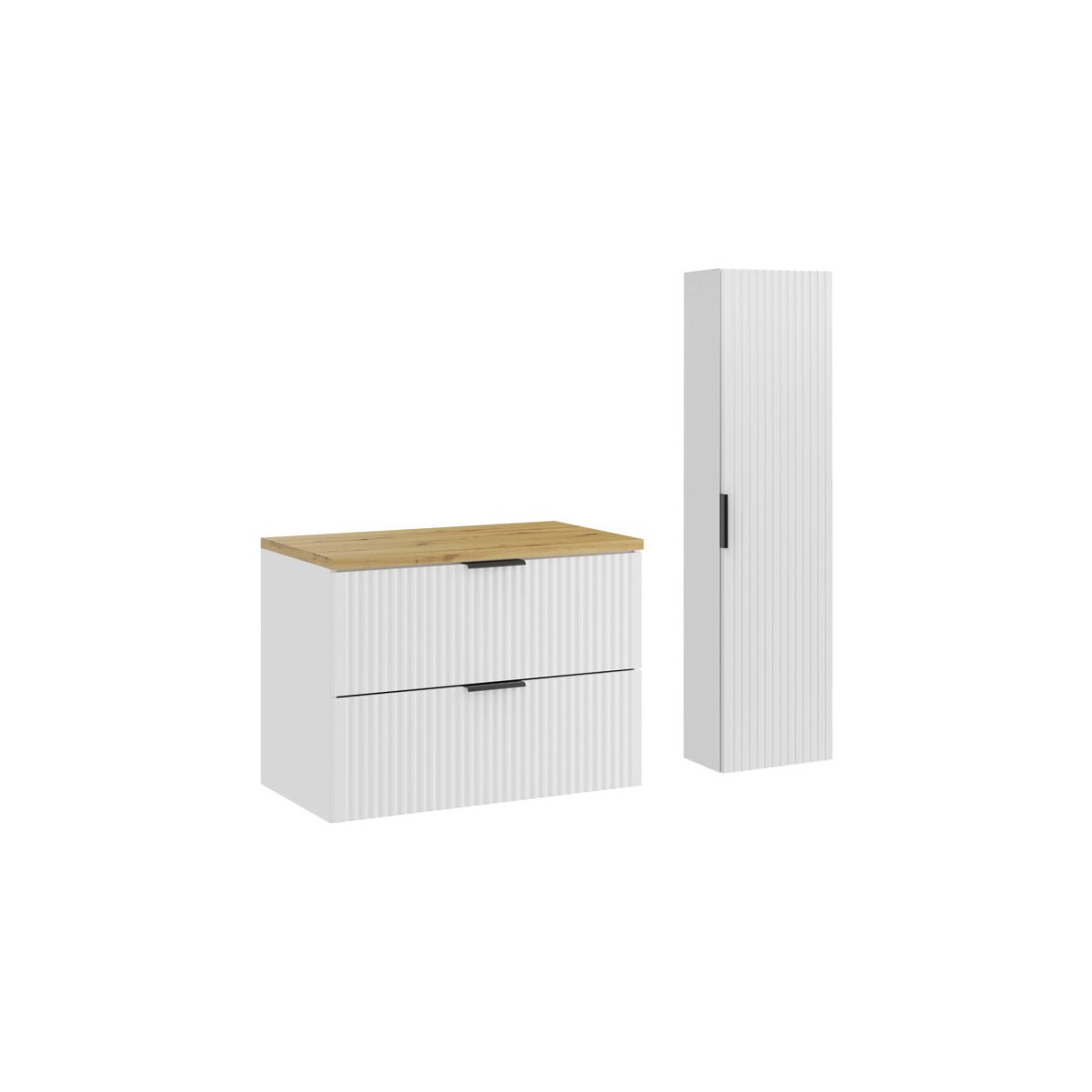 Ensemble de salle de bain NOXERA 80 cm – Meuble sous vasque suspendu blanc alpin avec plan vasque chêne clair et colonne murale