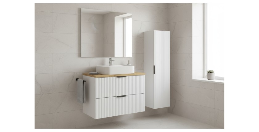 Ensemble de salle de bain NOXERA 80 cm – Meuble sous vasque suspendu blanc alpin avec plan vasque chêne clair et colonne murale