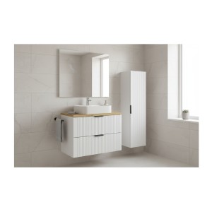 Ensemble de salle de bain NOXERA 80 cm – Meuble sous vasque suspendu blanc alpin avec plan pour vasque chêne et colonne murale
