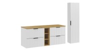 Ensemble de salle de bain NOXERA 140 cm – Meuble sous vasque suspendu blanc alpin avec plan vasque chêne clair, niches ouvertes