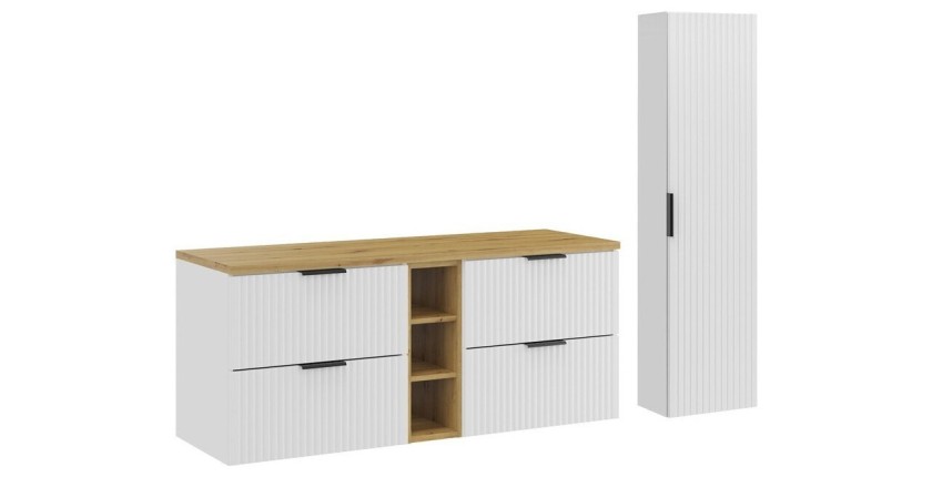 Ensemble de salle de bain NOXERA 140 cm – Meuble sous vasque suspendu blanc alpin avec plan vasque chêne clair, niches ouvertes