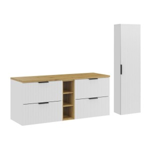Ensemble de salle de bain NOXERA 140 cm – Meuble sous vasque suspendu blanc alpin avec plan vasque chêne clair, niches ouvertes