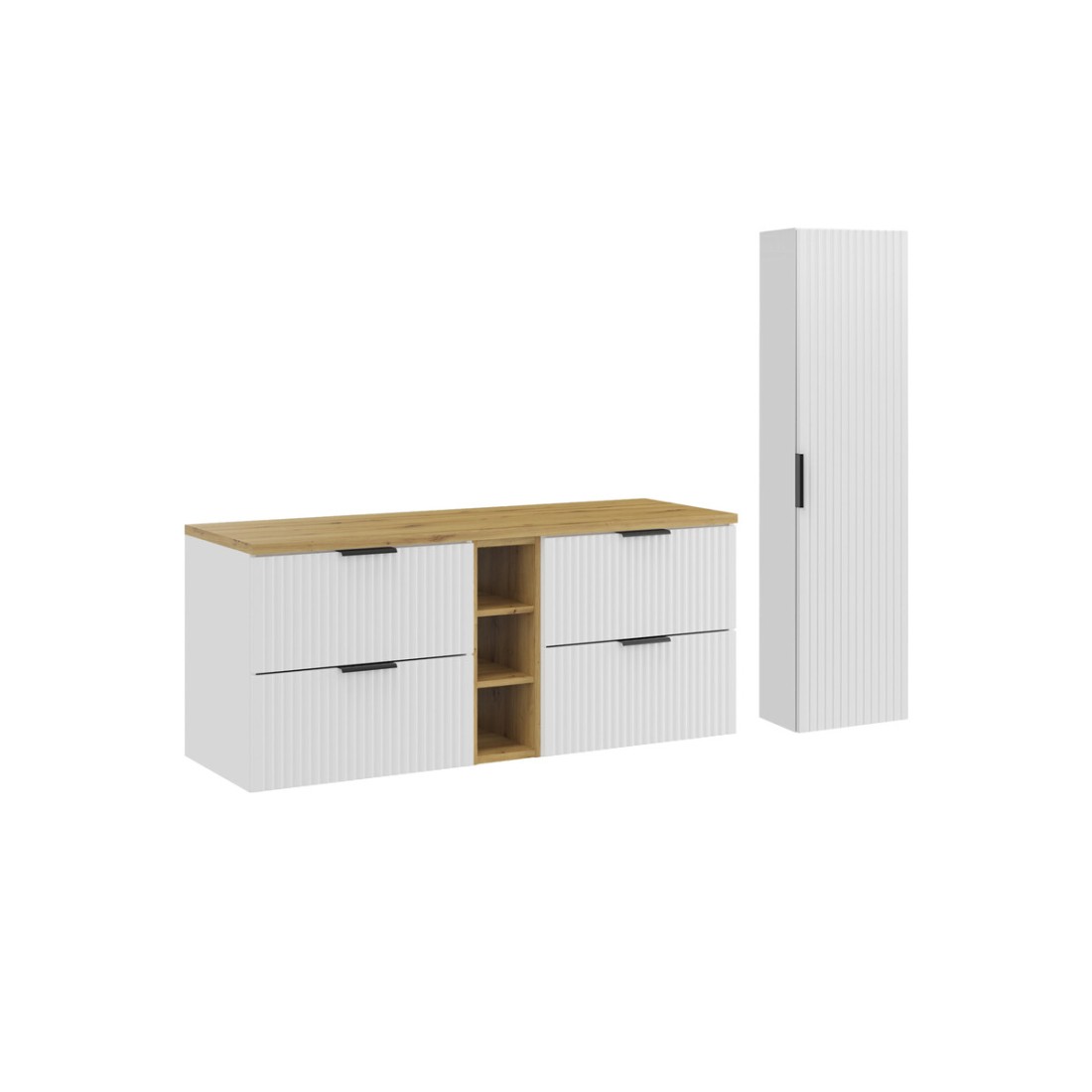Ensemble de salle de bain NOXERA 140 cm – Meuble sous vasque suspendu blanc alpin avec plan vasque chêne clair, niches ouvertes