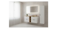 Ensemble de salle de bain NOXERA 140 cm – Meuble sous vasque suspendu blanc alpin avec plan vasque chêne clair, niches ouvertes