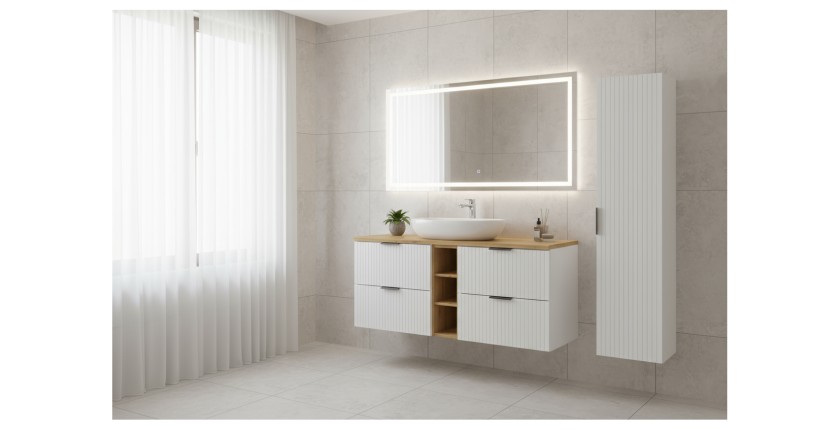 Ensemble de salle de bain NOXERA 140 cm – Meuble sous vasque suspendu blanc alpin avec plan vasque chêne clair, niches ouvertes
