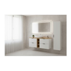 Ensemble de salle de bain NOXERA 140 cm – Meuble sous vasque suspendu blanc alpin avec plan vasque chêne clair, niches ouvertes