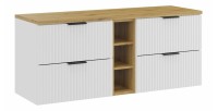 Ensemble de salle de bain NOXERA 140 cm – Meuble sous vasque suspendu blanc alpin avec plan vasque chêne clair et niches ouverte