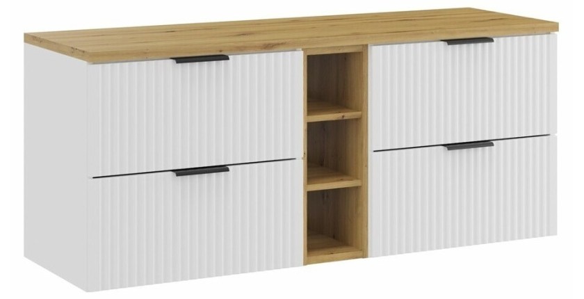 Ensemble de salle de bain NOXERA 140 cm – Meuble sous vasque suspendu blanc alpin avec plan vasque chêne clair et niches ouverte
