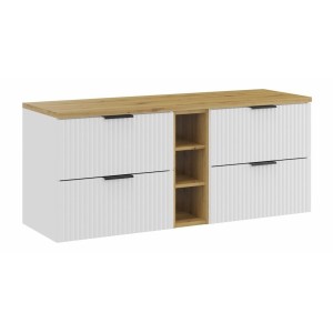 Ensemble de salle de bain NOXERA 140 cm – Meuble sous vasque suspendu blanc alpin avec plan vasque chêne clair et niches ouverte