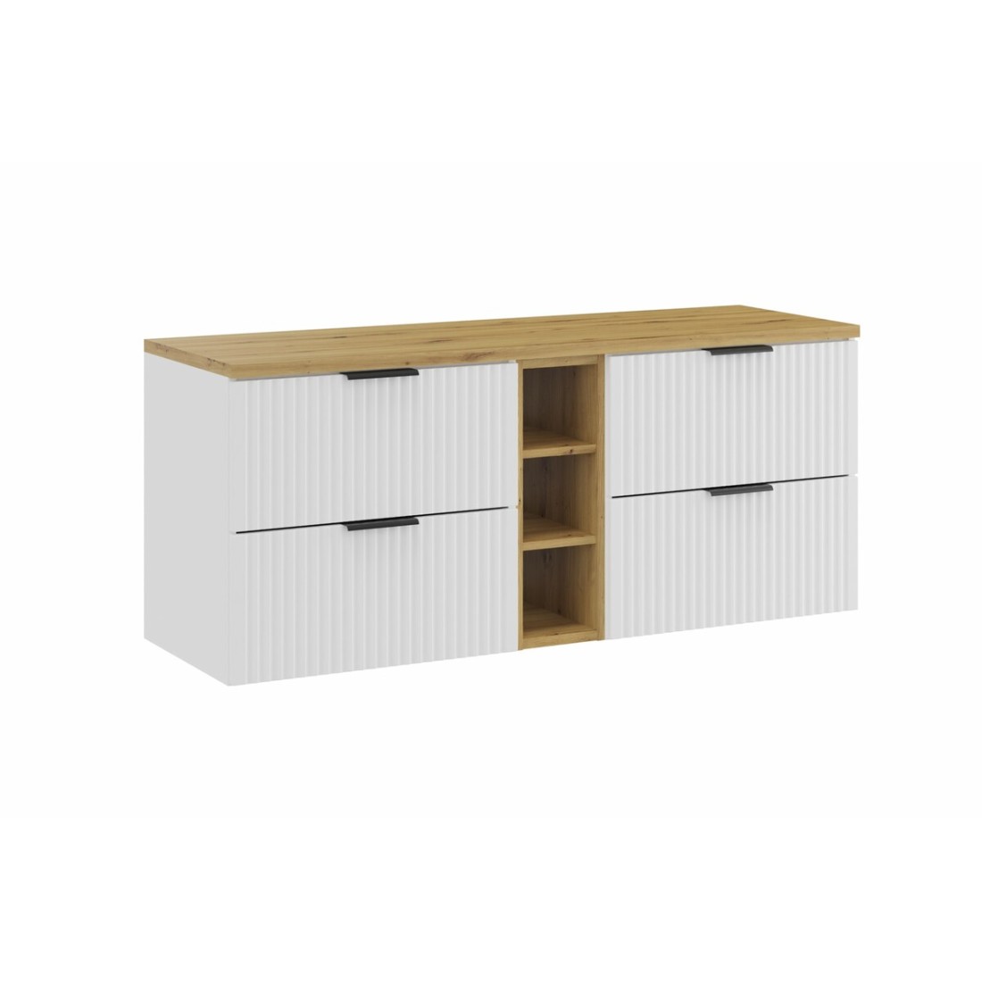 Ensemble de salle de bain NOXERA 140 cm – Meuble sous vasque suspendu blanc alpin avec plan vasque chêne clair et niches ouverte