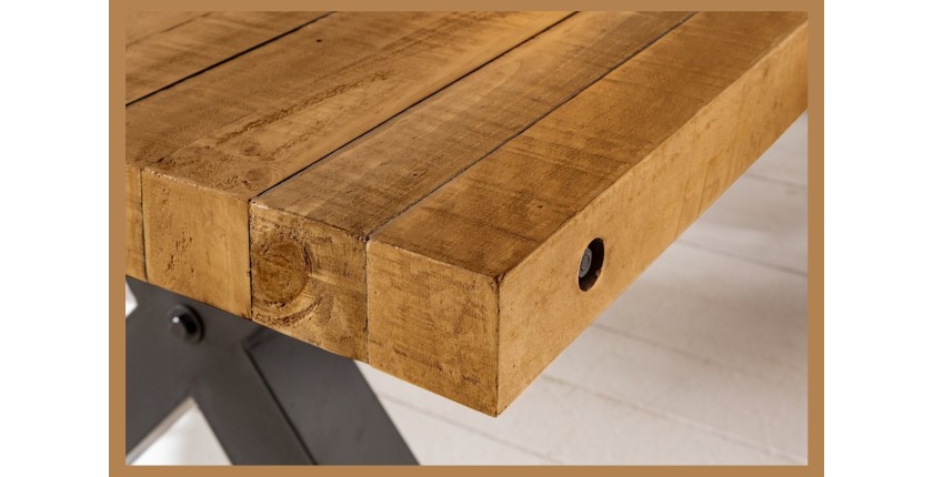 Table CHRIS – Bois de pin recyclé verni et métal noir – 200 cm – Plateau épais 80 mm – Style industriel